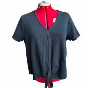 J Crew Black Cotton Blend Textured T Shirt With Front Tie Size XL